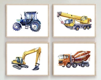 Construction Vehicles Set of 4 Prints, Boy Nursery Decor, Construction Poster, Transportation Nursery Art, Excavator Dump Truck Wall Art A57