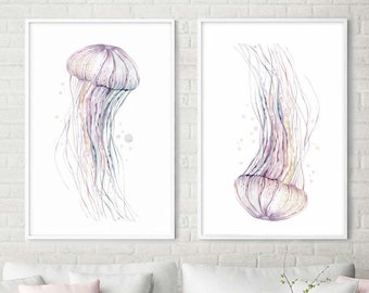 Set of 2 Jellyfish Art Prints, Jellyfish Wall Painting, Seashore Wall Decor, Ocean Life Marine Abstract Poster, Jelly Fish Home Decor A184