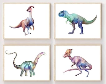 Zestaw 4 nadruków z dinozaurami, grafika ścienna z dinozaurami, dekoracja ścienna do pokoju dziecięcego, nadruki z dinozaurami, akwarela z dinozaurami, plakat T-Rex A41