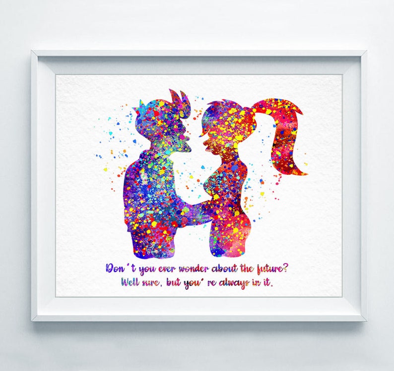 Birthday Gift A320 Futurama Watercolor Print Home Decor Fry and Leela Art Print Nursery Art Painting Wall Art Couple Love Quote Poster