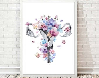 Female Reproductive System Anatomy Print Decor Doctor Gift Clinic Medicine Art Gynecologist Gift Watercolor Poster Floral Wall Decor A285