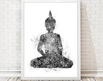 Buddha Print Watercolor Yoga Poster Abstract Buddha Statue Black and White Yoga Pose Meditation Art Illustration Wall Decor Mixed Media A53
