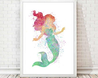 Ariel 3 Art Print Little Mermaid Print Nursery Art Watercolor Princess Disney Home Decor Watercolour Baby Shower Gift Girls Room Decor A70