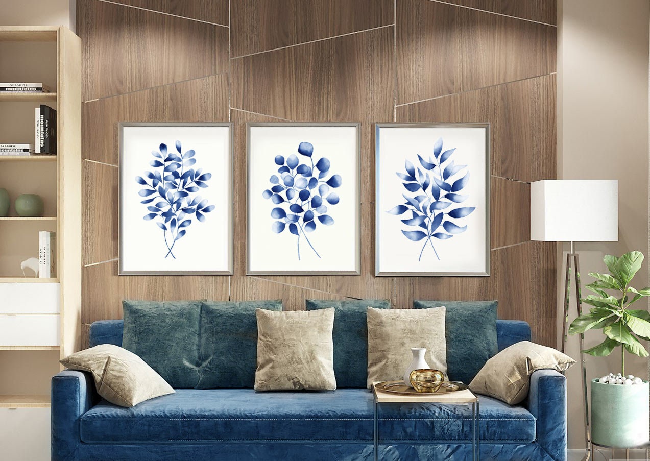Botanical Art Blue Poster Set Large Floral Wall Art Eucalyptus Leaves ...