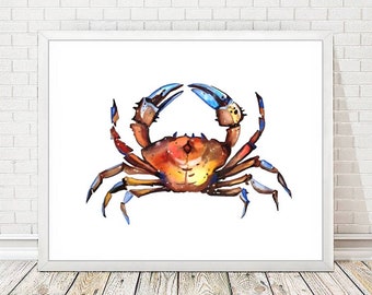 Crab Print, Coastal Wall Art Decor, Nautical Ocean Poster, Crabs Watercolor Painting, Sea life Artwork, Seaside Beach Home Decor Gift A338