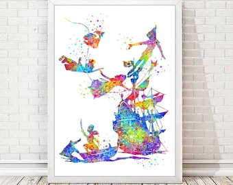 Peter Pan Watercolor Print Disney Posters Nursery Art Painting Baby Room Home Decor Wall Art Boy Room Decor Girl Room Illustration Gift A27