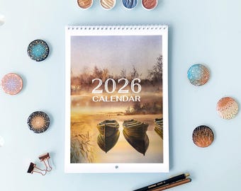 Kalender 2026, wandkalender, maandkalender, natuurkalender, hangende kalenderplanner, geïllustreerde 12-maandenkalender, handig cadeau