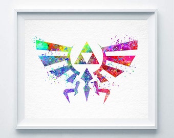 Hylian Crest Print Zelda Poster The Legend of Zelda Abstract Nursery Art Gameboy Illustration Nintendo Gaming Wall Decor Watercolor A113