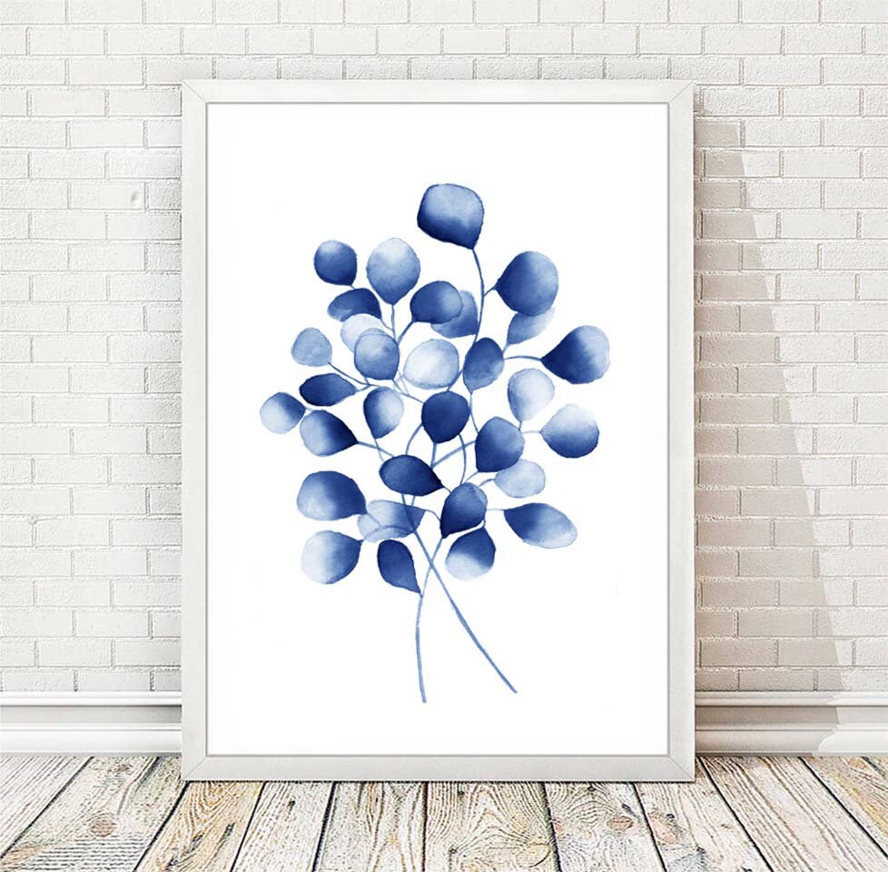 Botanical Art Blue Poster Set Large Floral Wall Art Eucalyptus Leaves ...