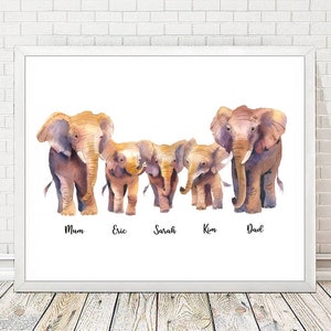 Elephant Family Custom Names Print, Personalised Elephants Family Poster, Gift for Elephant Lovers, Personalized Gift for Mum, Grandparents