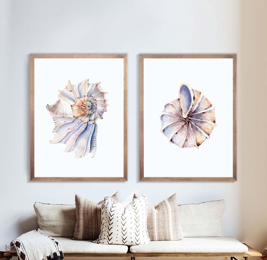 Set of 2 Watercolor Seashell Art Prints, Seashell Painting, Nautical ...