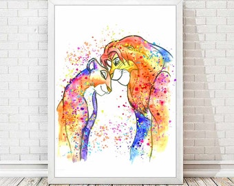 Simba and Nala Watercolor Print Lion King Watercolor Print Disney Poster Nursery Art Painting Love Decor Disney Wedding Gift Sale Item A80
