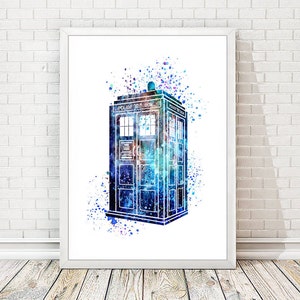 Tardis de Dr Who Print Abstract Watercolor Poster Blue Wall Art Illustration Wall Decor Mixed Media Children's Room Decor Watercolour A54