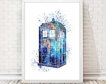 Tardis from Dr Who Print Abstract Watercolor Poster Blue Wall Art Illustration Wall Decor Mixed Media Children's Room Decor Watercolour A54