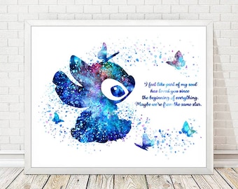 Póster de acuarela de Lilo y Stitch de Disney con cita de amor, decoración de pared, decoración del hogar, arte infantil, habitación infantil, regalos familiares A328