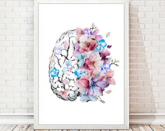 Hersenen afdrukken medische kunst poster wetenschap kunst aquarel bloemen neurologie muur kunst artistieke hersenen linker rechter hersenhelft bloemen muur decor A171