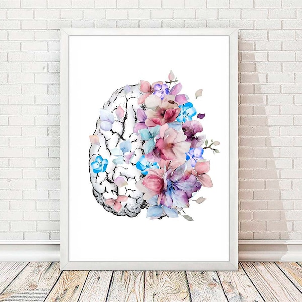 Plakat medyczny z nadrukiem mózgu Sztuka naukowa Kwiaty akwarelowe Neurologia Sztuka ścienna Artystyczny mózg Lewy Prawy Mózg Kwiatowa dekoracja ścienna A171