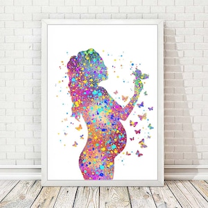 Embarazo Arte Grabado Mujer Con Niño Acuarela Dando a Luz Mujer Embarazada Arte Médico Póster Ginecología Partería Feto Decoración de pared A227