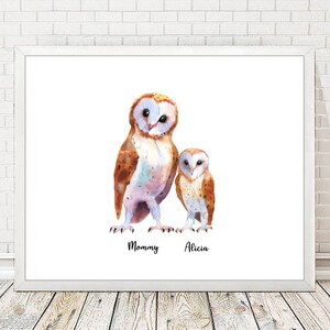 May include: Watercolor painting of two barn owls, one larger than the other. The larger owl is labeled "Mommy" and the smaller owl is labeled "Alicia".