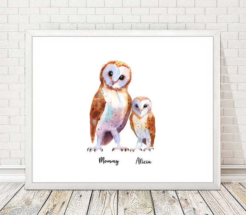 May include: Watercolor painting of two barn owls, one larger than the other. The larger owl is labeled "Mommy" and the smaller owl is labeled "Alicia".