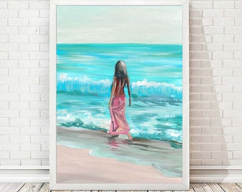 Walking Beach Girl Art Print from Original Acrylic Painting Woman Wall Art Blue Sea Print Artwork Ocean Wave Print Home Decor Sale Item A172