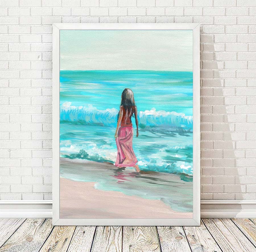 Walking Beach Girl Art Print From Original Acrylic Painting Woman