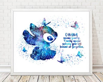 STITCH Print Quote Ohana Means Lilo and Stitch Disney Watercolor Art Print Wall Decor Home Decor Blue Nursery Art Children Family Gifts A325