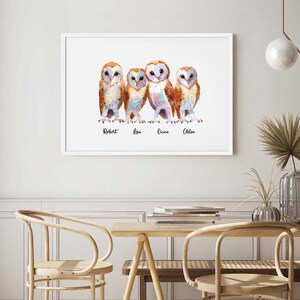 May include: A watercolor painting of five owls with names written below them: Robert, Lisa, Owen, Chloe. The owls are brown, white, and orange with black eyes.