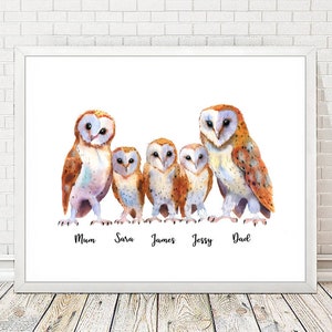 May include: A white framed print with five watercolor barn owls. The owls are arranged in a row from left to right. The owls are labeled "Mum", "Sara", "James", "Jessy", and "Dad".