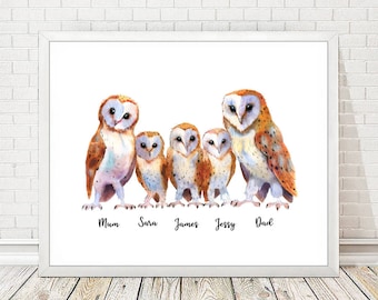 Personalised Owls Family Names Print, Custom Names Poster, Personalized Christmas Gift, Customized Gift for Mum, Dad, Grandparents, Wife