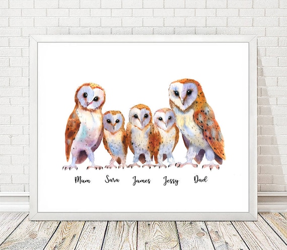 Personalised Owls Family Names Print, Custom Names Poster, Personalized Christmas Gift, Customized Gift for Mum, Dad, Grandparents, Wife