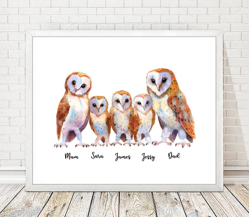 May include: A white framed print with five watercolor barn owls. The owls are arranged in a row from left to right. The owls are labeled "Mum", "Sara", "James", "Jessy", and "Dad".