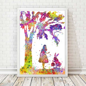 Alice in Wonderland Watercolor Print Alice Art Poster Girls Room Disney Art Rabbit Illustration Painting Wall Decor Holidays Sale Item A06