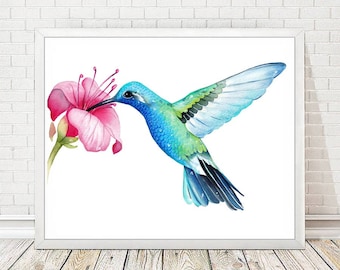 Hummingbird Art Print, Hummingbird Poster Decor, Humming Bird Watercolor Painting, Nursery Tiny Birds Drawing, Blue Green Bird Wall Art A308