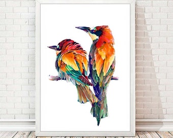 ORIGINAL PAINTING Bird Art, Birds Decor, Watercolor Birds Painting Wall Art Drawing Decor, Large Wall Art, Anniversary Gift Idea A150