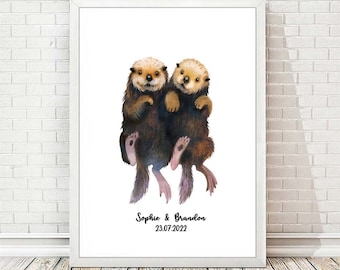 Custom Otters Wedding Anniversary Gift Print, Otter Family Personalised Art, Custom Names Family Poster, Birthday Gift for Parents Couple