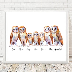 May include: A watercolor painting of a family of barn owls. The owls are arranged in a line, with the father owl on the left, the mother owl in the middle, and the children owls on the right. The owls are all looking at the viewer. The painting is titled "Dad, Mum, Lucy, Ben, Olivia, Mia, Grandad".