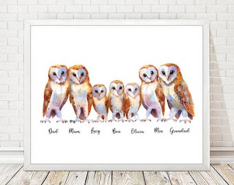 Owls Family Custom Names Print, Personalised Owls Family Poster, Gift for Owl Lovers, Personalized Gift for Mum, Grandmother, Grandparents