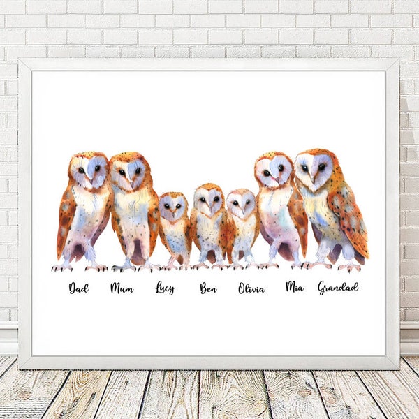 Owls Family Custom Names Print, Personalised Owls Family Poster, Gift for Owl Lovers, Personalized Gift for Mum, Grandmother, Grandparents