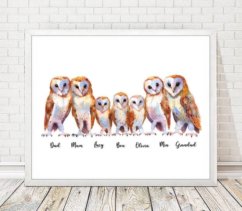 May include: A watercolor painting of a family of barn owls. The owls are arranged in a line, with the father owl on the left, the mother owl in the middle, and the children owls on the right. The owls are all looking at the viewer. The painting is titled "Dad, Mum, Lucy, Ben, Olivia, Mia, Grandad".