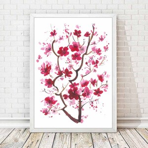 Cherry Blossom Watercolor Print Japanese Abstract Painting Poster Flower Art Floral Branch Pink Illustration Home Decor  Watercolor Tree A07