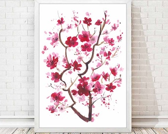 Cherry Blossom Watercolor Print Japanese Abstract Painting Poster Flower Art Floral Branch Pink Illustration Home Decor  Watercolor Tree A07