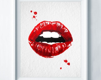 Red Lips Watercolor Lip Print Fashion Lip Poster Abstract Lip Art Lipstick Chic Wall Art Kiss Fashion Illustration Make Up Wall Decor A30