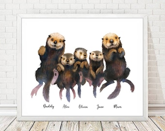 Sea Otter Family Personalised Print, Custom Names Otter Family Poster, Personalized Gift for Mum, Dad, Grandparents, Sister, Birthday Gift