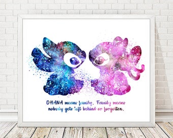 STITCH and ANGEL Print Quote Ohana Means Family Lilo and Stitch Disney Watercolor Art Print Wall Decor Home Nursery Art Children Gifts A329