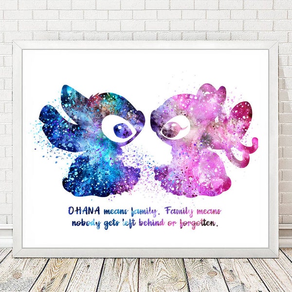 STITCH and ANGEL Print Quote Ohana Means Family Lilo and Stitch Disney Watercolor Art Print Wall Decor Home Nursery Art Children Gifts A329