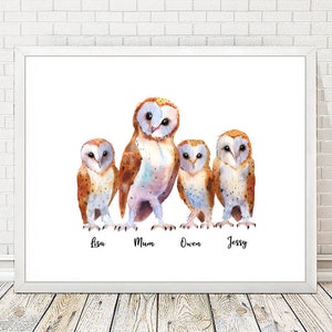 May include: A watercolor painting of four barn owls, with the names Lisa, Mum, Owen, and Jessy written below them.