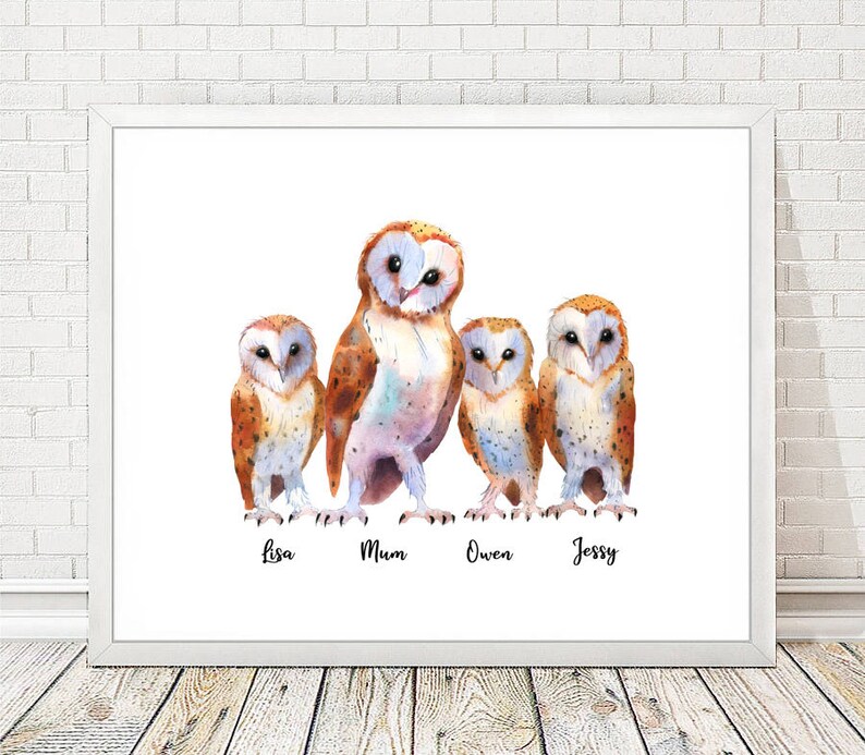 May include: A watercolor painting of four barn owls, with the names Lisa, Mum, Owen, and Jessy written below them.