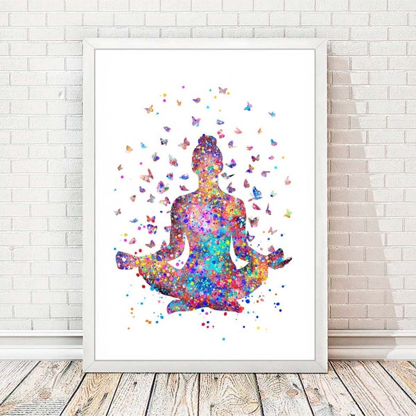 Art de yoga, Affiche de yoga, Pose de yoga, Aquarelle imprimée de yoga, Studio de yoga, Peinture de Bouddha Pose de Sukhasana, Papillons Décoration murale Cadeaux de yoga A192