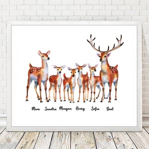 Hirsch Familie Personalisiertes Poster, Personalisiertes Geschenk für Hirschliebhaber, Personalisiertes Geschenk für Mama, Papa, Großeltern, Bruder
